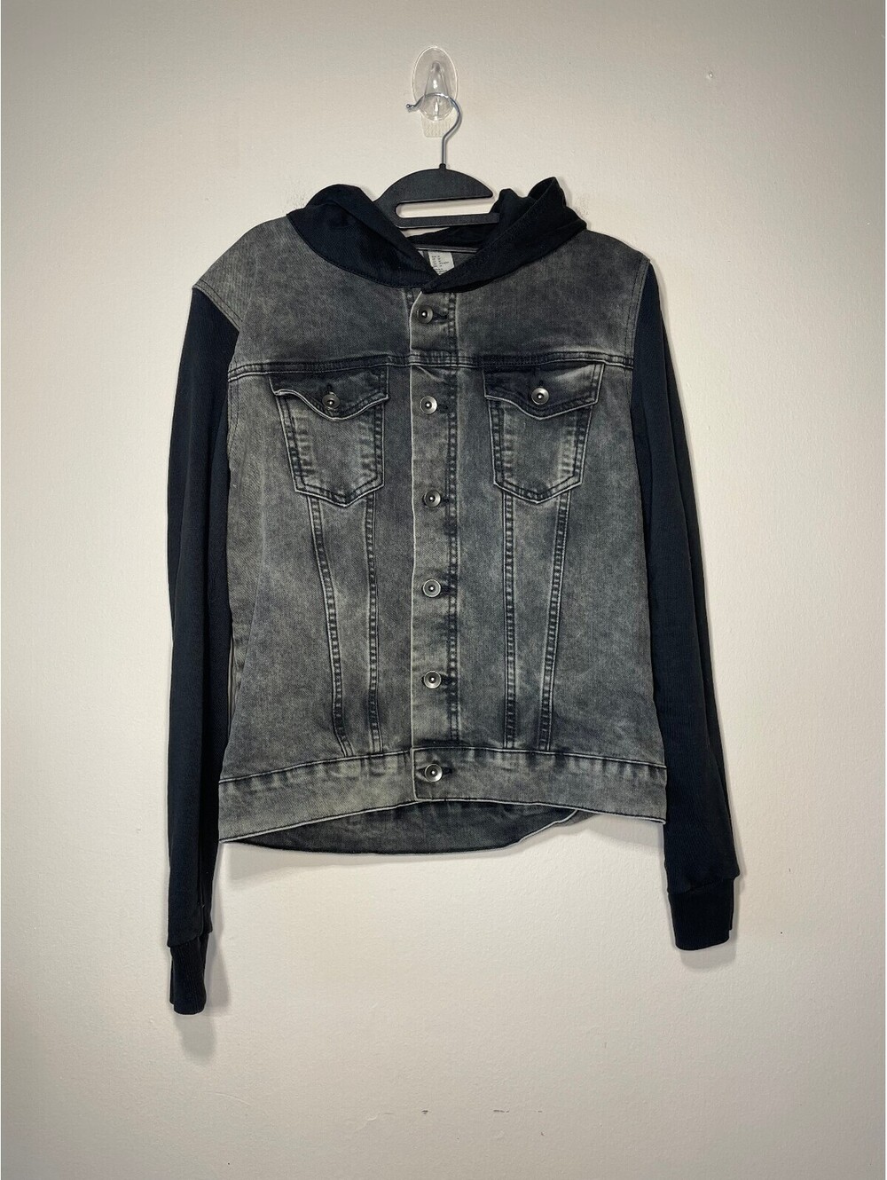 Black Washed Denim Jacket Hoodie Grunge Goth Streetwear Sz M
